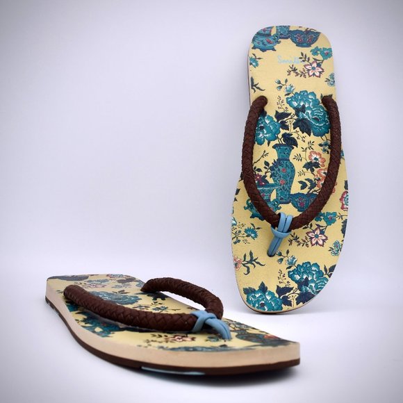 Paul Smith PS Beige Floral Thong Sandals 10 Braided Leather Flip Flops Blue Oran main image 4